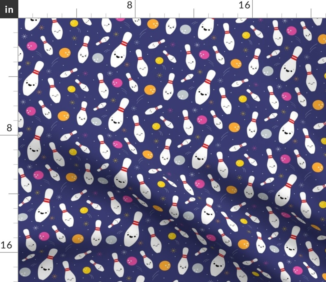 Happy Bowling Party Dark Blue Ball Strike Cute Kawaii Custom Printed Fabric by Spoonflower Various Fabrics by the Yard or Fat Quarter
